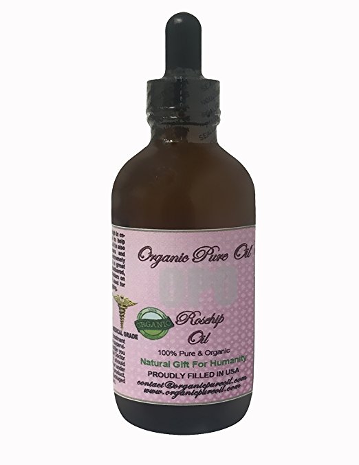 Rosehip Oil 4 oz - Organic 100% Pure Natural Cold Pressed Unrefined Extra Virgin Premium Pharmaceutical Grade Antioxidants for Face Skin Skin Rejuvenating By Organic Pure Oil