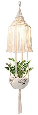 Mkono Macrame Plant Hanger Indoor Lantern with Hanging Planter Pendant Light Shade Cotton Rope Boho Home Decor, 51 Inch