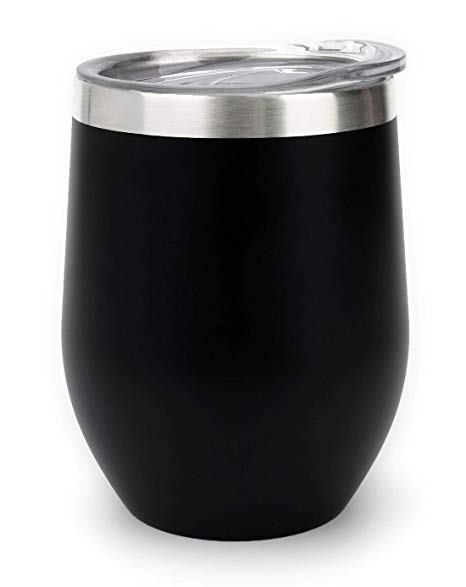 Stemless Wine Tumbler with Lid, Vacuum Insulated Stainless Steel Wine Glass 12oz, Black Matt Finish-Double Wall Durable Coffee Mug, for Champaign, Cocktail, Beer, Office use, by SUNWILL