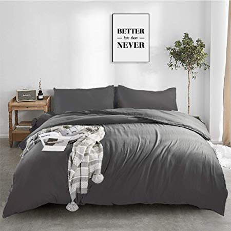 FAIRYLAND 3pc Bedding Duvet Cover Set, Ultra Soft Washed Cotton, Comforter Cover with Zipper Closure and Corner Ties and 2 Pillow Shams, Queen (90" 90"), Grey.