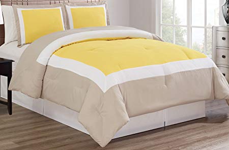 3 piece YELLOW / LIGHT GREY / WHITE Goose Down Alternative Color Block Comforter set, KING / CAL KING size Microfiber bedding, Includes 1 Comforter and 2 Shams