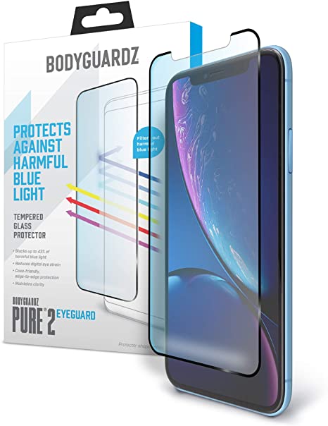 BodyGuardz - Pure 2 EyeGuard Glass Screen Protector Blue Light Edge-to-Edge Glass Protector for Apple iPhone Xr - CASE Friendly