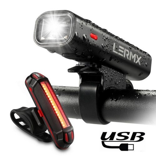 USB Rechargeable Bike Headlight with [Free Bike Taillight], LERMX Bicycle Light Set Powerful Lumens LED Front and Back Rear Lights Easy to Install for Kids Men Women Road Cycling Safety Flashlight