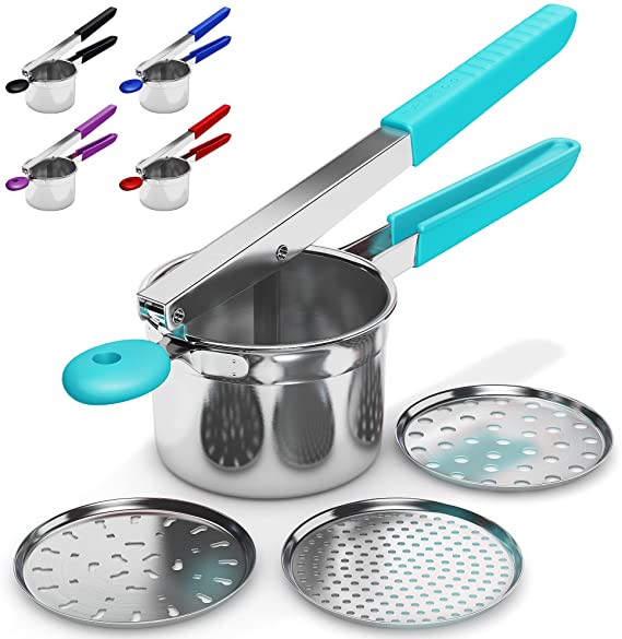 Potato Ricer Stainless Steel with 3 Interchangeable Fineness Discs, Ricer Kitchen Tool for Mashed Potatoes, Cauliflower Rice Maker Masher, Gnocchi Potatoe Spaetzle Press Patoto Masher (Aqua)