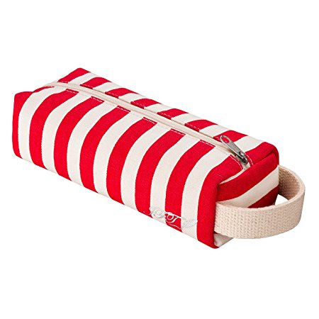 JFT Red & White Stripe Canvas Cylindrical Pencil Case- Premium Quality Zippered Pencil Pouch To Be Used As A Pencil Holder Or Travel Makeup Bag- Modern Design, Washable Fabric, Amazing Gift