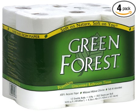 Green Forest Unscented Bathroom Tissue, 100% Recycled Paper,  Whitened Without Chlorine, 352 Sheets Roll 12 Double Roll Packages (Pack of 4)