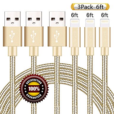 BULESK iPhone Cable 3Pack 6FT Nylon Braided Certified Lightning to USB iPhone Charger Cord for iPhone 7 Plus 6S 6 SE 5S 5C 5, iPad 2 3 4 Mini Air Pro, iPod Nano 7- Gold