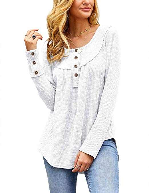 imesrun Womens Waffle Knit Shirts Long Sleeve Tunic Button Up Blouse Casual Pullover Tops