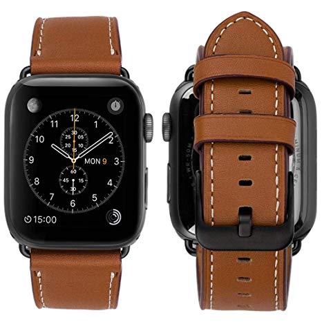 Compatible for Apple Watch Band 42mm (44mm) Series4321,MroTech Genuine Leather Band iWatch Strap with Black Clasp/Connections fit for iWatch All Series(Brown/Black,42mm44 mm)