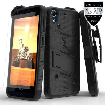 Zizo Slim Fit Dual Layer Holster Belt-clip Kickstand Bolt Case with 9H Tempered Glass Screen Protector for HTC Desire 626 626s - Black