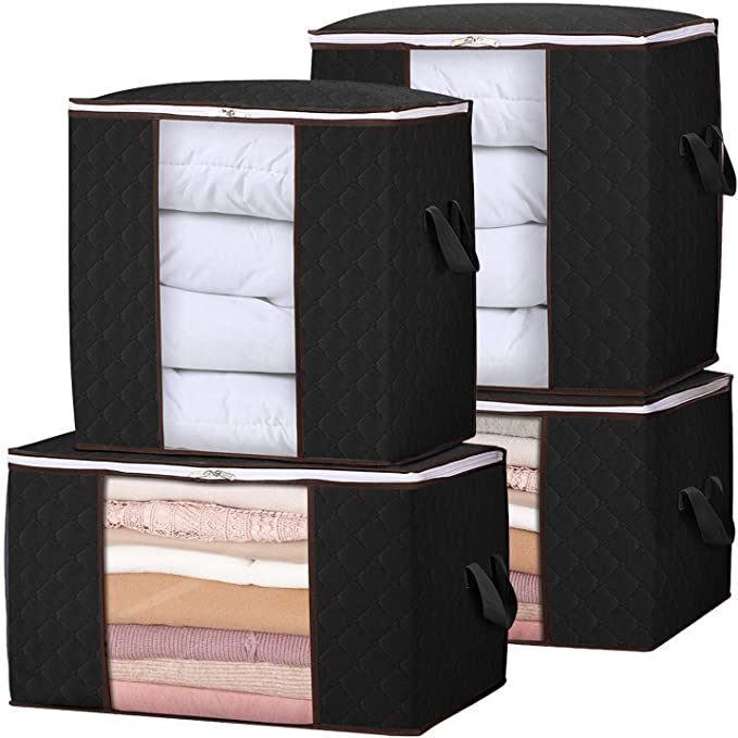 Lifewit Storage Bag Closet Organizer with Reinforced Handle Firm Fabric Strong Zipper Foldable Breathable Storage Container Set for Clothes, Quilts, Blankets, Bedding, 4 Pack, Black