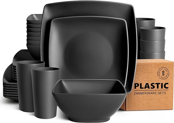 Teivio 32-Piece Kitchen Plastic Square Dinnerware Set, Service for 8, Dinner Plates, Dessert Plates, Cereal Bowls, 20 oz Cups, Unbreakable Plastic Plates and Bowls Set, Outdoor Camping Dishes, Black