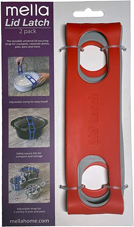 Lid Latch the reusable universal lid securing strap for crockpots, casserole dishes, pots, pans and more. Make it easy to transport your favorite dishes with one simple strap. (Retail Red/Grey)