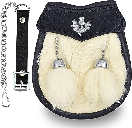 Boy Semi Dress White Rabbit Fur Kilt Sporran with a Thistle Emblem & Chain Belt