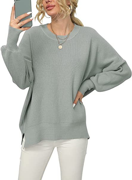 ANRABESS Women Crewneck Batwing Sleeve Oversized Side Slit Ribbed Knit Pullover Sweater Top