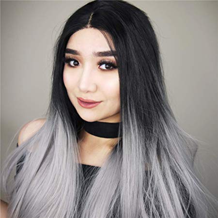 HEAHAIR Ombre Grey Straight Synthetic Lace Front Wigs with Dark Roots HS0003