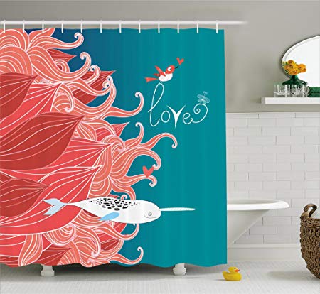 Ambesonne Narwhal Shower Curtain, Love Themed Sketch Illustration with Arctic Whale Valentine's Arrangement, Cloth Fabric Bathroom Decor Set with Hooks, 70 Inches, Teal Coral White