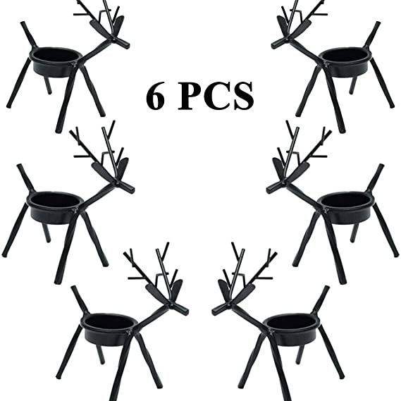 6pcs Reindeer Tealight Candle Holders, Holiday Metal Candlestick Black Tea Light Stands, Christmas Decoration for Home, Table, Fireplace, Window for Thanksgiving, Halloween, Christmas, New Year Party