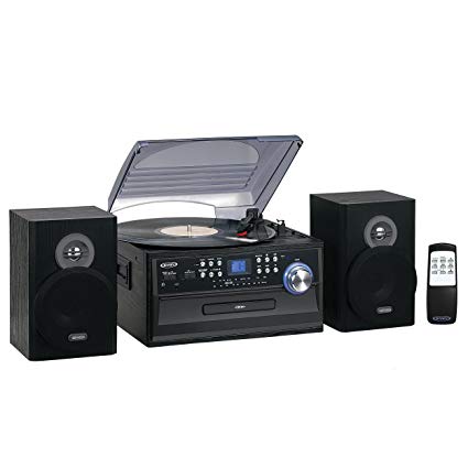 Jensen Retro 3-Speed Turntable Music Entertainment System Limited Edition JTA475G LCD Display with Front Loading CD Player , AM/FM Radio, Cassette Player ,Aux input, Headphone Jack (Charcoal Grey)