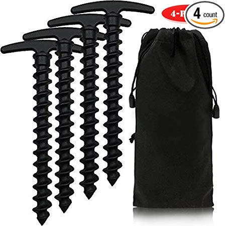 GIMEFIVE Camping Tent Stakes Pegs-Outdoors Plastic Screw Spiral Tent Nails - 4 Pack - Drawstring Bag