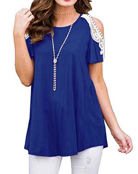 ZZER Women's Casual Lace Cold Shoulder Tunic Tops Blouse Shirts