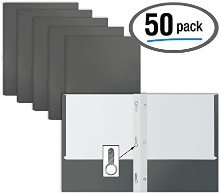 Gray Paper 2 Pocket Folders with Prongs, 50 Pack, by Better Office Products, Matte Texture, Letter Size Paper Folders, 50 Pack, with 3 Metal Prong Fastener Clips, Gray