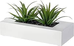 MyGift 10 Inch Artificial Green Grass Plants in White Wood Decorative Planter Pot - Faux Greenery in Rectangular Wooden Container for Tabletop Centerpiece Décor