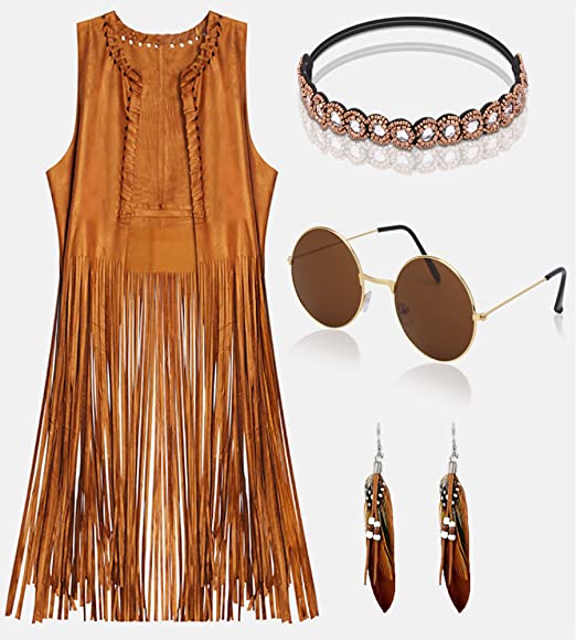 Hippie Costumes Clothes for Women Girls 60s 70s Costume for Women Disco 70s Outfits for Women Fringe Hippie Vest Brown Set
