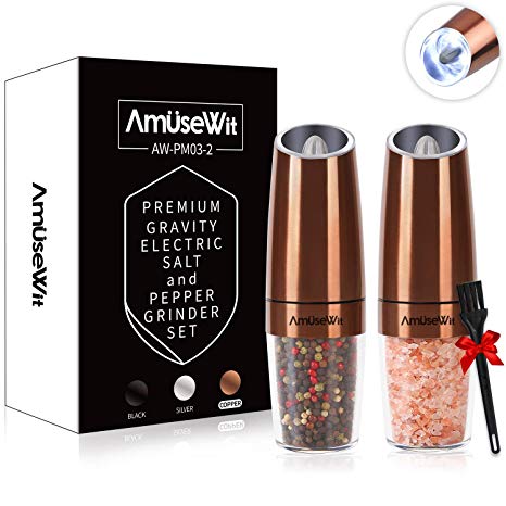 Gravity Electric Salt and Pepper Grinder Set【2019 Newest】- Battery Operated Automatic Salt and Pepper Mills with White Light,Adjustable Coarseness,One Handed Operation,Utility Brush,Copper by AmuseWit