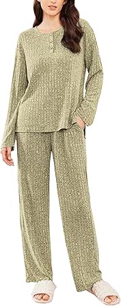 Ekouaer Womens Ribbed Knit Lounge Set Long Sleeve Henry-Neck Top and Long Pants Two Piece Soft Sleepwear Matching Outfits