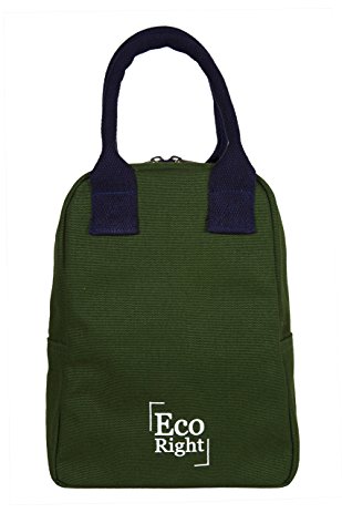 EcoRight Lunch Tote Bag Reusable Cotton Canvas EcoFriendly Insulated Cooler Washable Zipper for Men, Women, Adults (Dark Green) - 0706