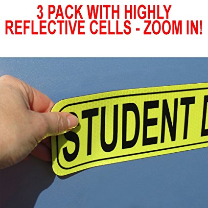 LARGER 12.5" by 3", EXCLUSIVE REFLECTIVE CELLS - ZOOM IN TO SEE FOR YOURSELF! MAGNET SET, Won't Fall at Highway Speeds, “STUDENT DRIVER” Car Sign, 3 Pack - Golden Spearhead