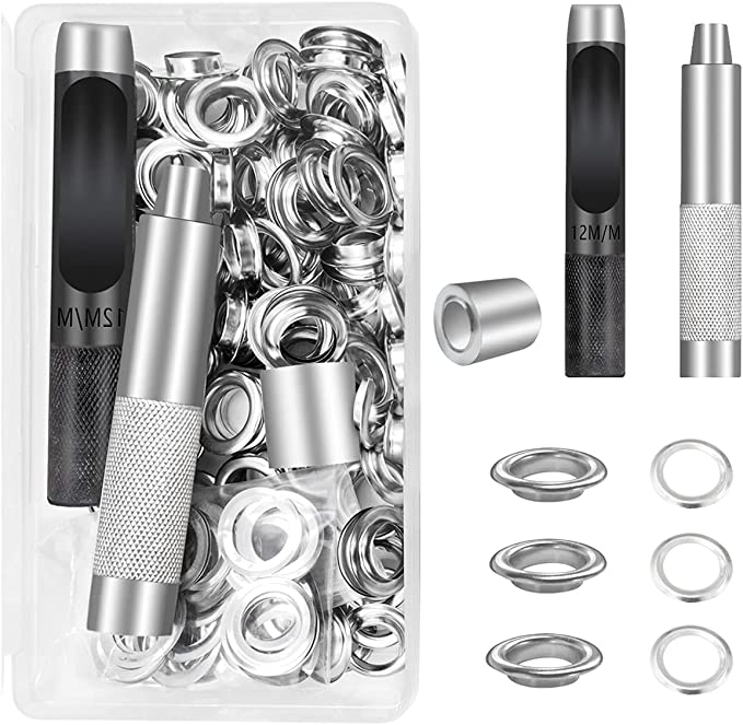 1/2 Inch Grommet Kit, Grommet Tool Kit, 100 Sets Grommets Eyelets, Grommet Setting Tool, Metal Grommets with 3 Pieces Install Tool and Storage Box for Fabric Leather Shoes Bag Clothes Canvas Belt
