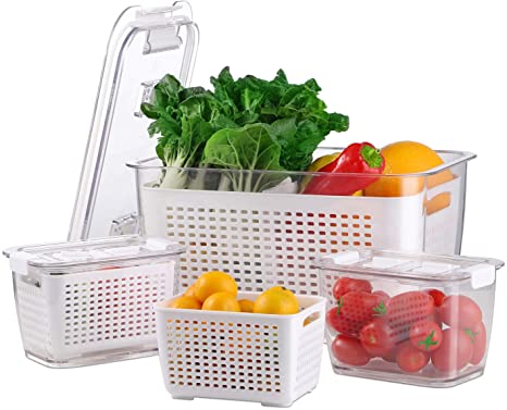 Fruit Storage Containers for Fridge - BEYONDA 3 Pack Vegetable Fruit Storage Containers, Fridge Storage Container Fresh Produce Saver Containers with Strainers Used in Storing Fruits Vegetables Salad