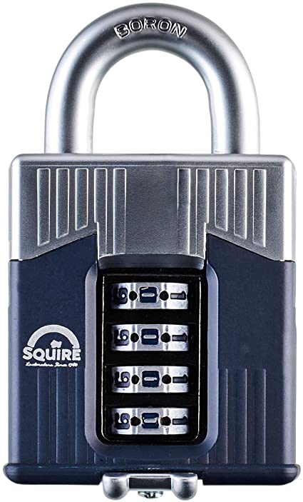 SQUIRE Warrior Combination Lock. Heavy Duty, High Specification Armoured Body Boron Steel Shackle Recodable Padlock. Up to 100,000 Combinations. (4 Wheel - 55mm)