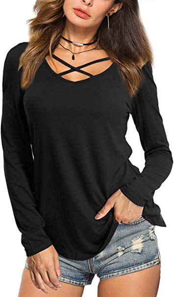 Women's V Neck T Shirt Long Sleeve Loose Casual Tops