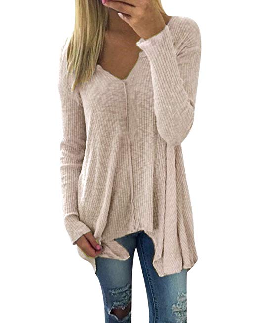 ZANZEA Womens Knit Tunic Tops Blouse Henley V Neck Pullover Sweater Loose Plain Shirts