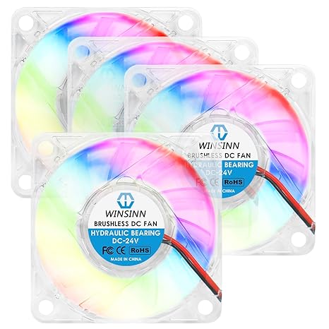 WINSINN 60mm RGB Fan 24V, LED Colorful Micro 24 Volt Fans 6010 Hydraulic Bearing, Brushless Cooling 60x10mm 2PIN, Works with 3D Printer/Computer/Notebook/PC Case/Router/TV Box (Pack of 4Pcs)