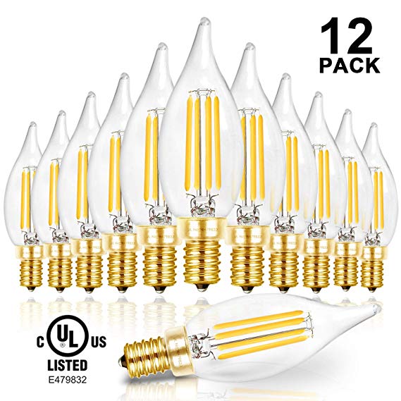 Hizashi LED Candelabra Bulb Flame Tip 40W Equivalent Dimmable E12 Filament Candle Bulbs 4W, 450 Lumens, 5000K Daylight White CA10 LED Chandelier Light Bulbs, 90  CRI, UL Listed - 12 Pack