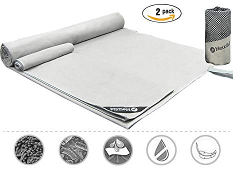 Microfiber Travel Sports 2 Packs Newild Towel (155 cm x 100 cm and 60 cm x 30 cm),Fast Drying Super Absorbent Antibacterial for Camping, Gym, Beach, Swimming,Bath and Yoga, With Suitable Mesh Bag (Color: Gray)