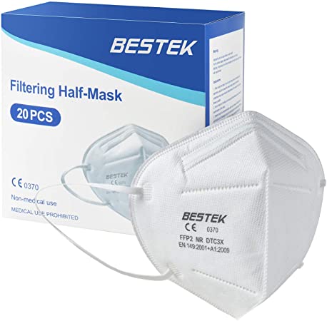 BESTEK KN95 FFP2 NR 5-Layer Filtering Mask, EN 149:2001 and A1:2009 Compliant, SGS CE 0370 Certificated, Dust Respiratory Protective Half-Mask (Pack of 20)