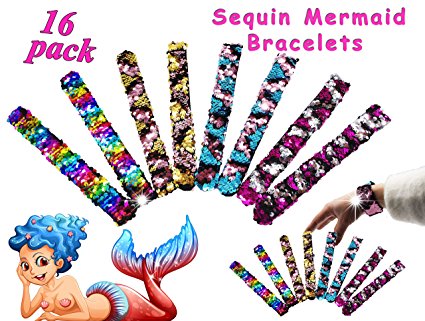 Neathouse 16 Pack Mermaid Sequin Bracelets for Party Favors,Sequin Slap Wristband for Kids and Adults