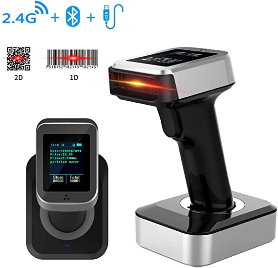 Alacrity 2D 1D Wireless Bluetooth Barcode Scanner with Display Screen, Bluetooth/2.4GHz/USB 3 in 1, Datamatrix QR Code PDF417 Handheld Barcode Reader for Screen and Printed Bar Code Scan, Handsfree with Stand