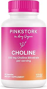 Pink Stork Choline - 550 mg Choline Bitartrate from VitaCholine for Pregnant   Postpartum Moms - Prenatal Vitamin for Fetal Cognitive Health   Breast Milk Quality - 1 Capsule Daily, 30 Count