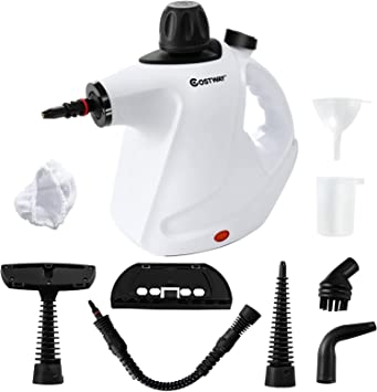 COSTWAY Handheld Pressurized Steam Cleaner, Multi-purpose Steamer with 9 Piece Accessories, Chemical Free Cleaning Kit for Kitchen, Toilets, Windows, Auto, Carpet, Sofa and More (White)