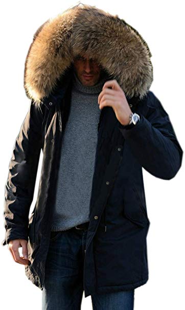 Aofur Mens Fur Coat Winter Faux Fur Outwear Hooded Coat Hoodies Casual Parka Jackets Long Fleece Overcoats