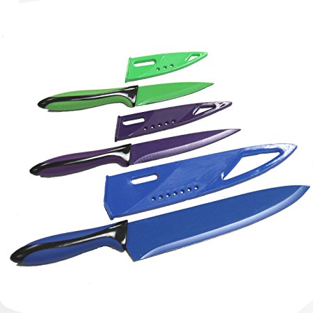 Chef Craft 3 Piece Knife with Sheath Set, Green/Purple/Blue/Black