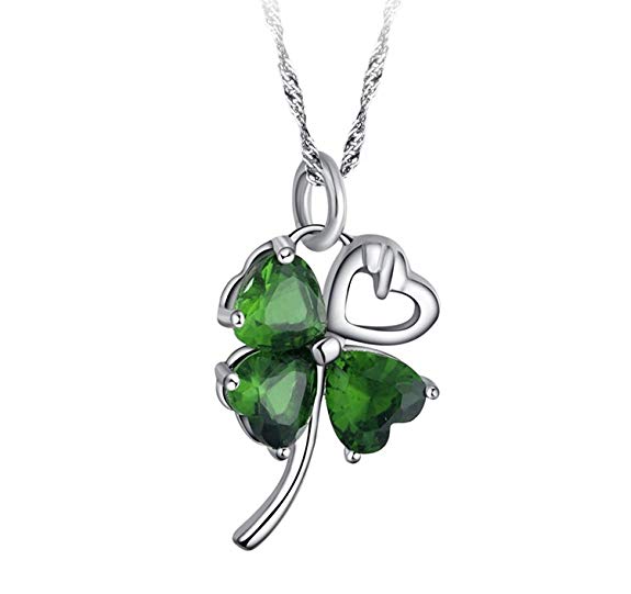 Sterling Silver Green 4 Leaf Clover Four Leaf Clover Lucky Symbol Pendant Necklace for Women