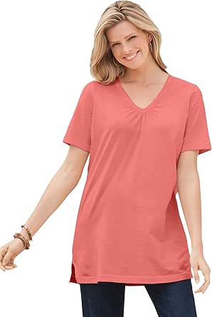 Woman Within Women's Plus Size Perfect Short-Sleeve Shirred V-Neck Tunic