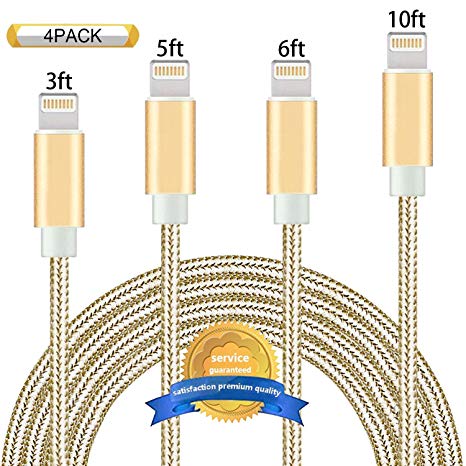 Aonsen Lightning Cable 4Pack 3FT 5FT 6FT 10FT Nylon Braided Certified iPhone Cable USB Cord Charging Charger for iPhone X/8/8 Plus/7/7 Plus/6s/6s Plus/6/6 Plus/5/5S/5C/SE/iPad Gold